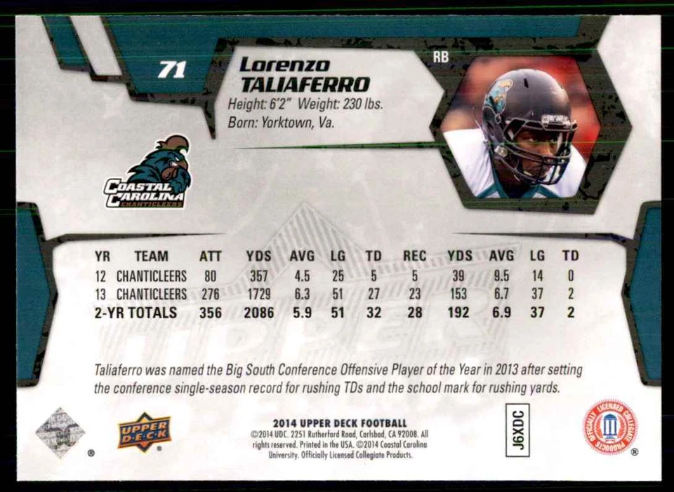 2014 Upper Deck Lorenzo Taliaferro Football Cards #71 - Image 2 of 2