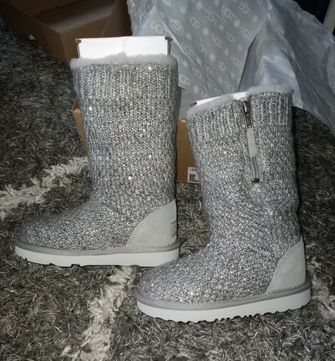 Girls Ugg Australia Boots Sequin Knit Zip Boots Grey sparkle 10