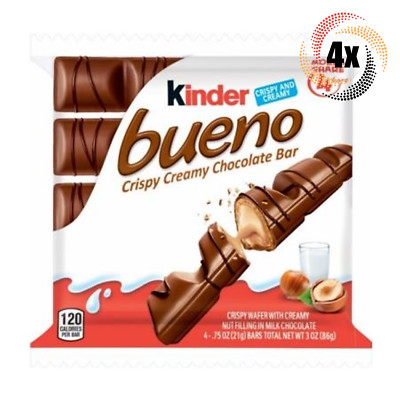 4x Packs Kinder Bueno Crispy Wafer With Hazelnut Filling | 4 Bars Each | 3oz