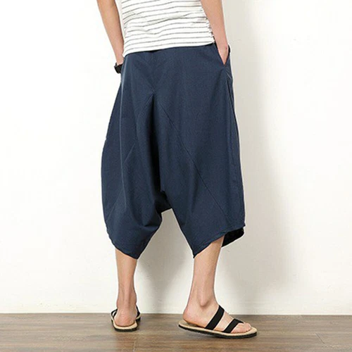 Men Linen Capri Wide Leg Pants Shorts Drop Crotch Harem Trousers Crop Loose - Bild 12 von 23