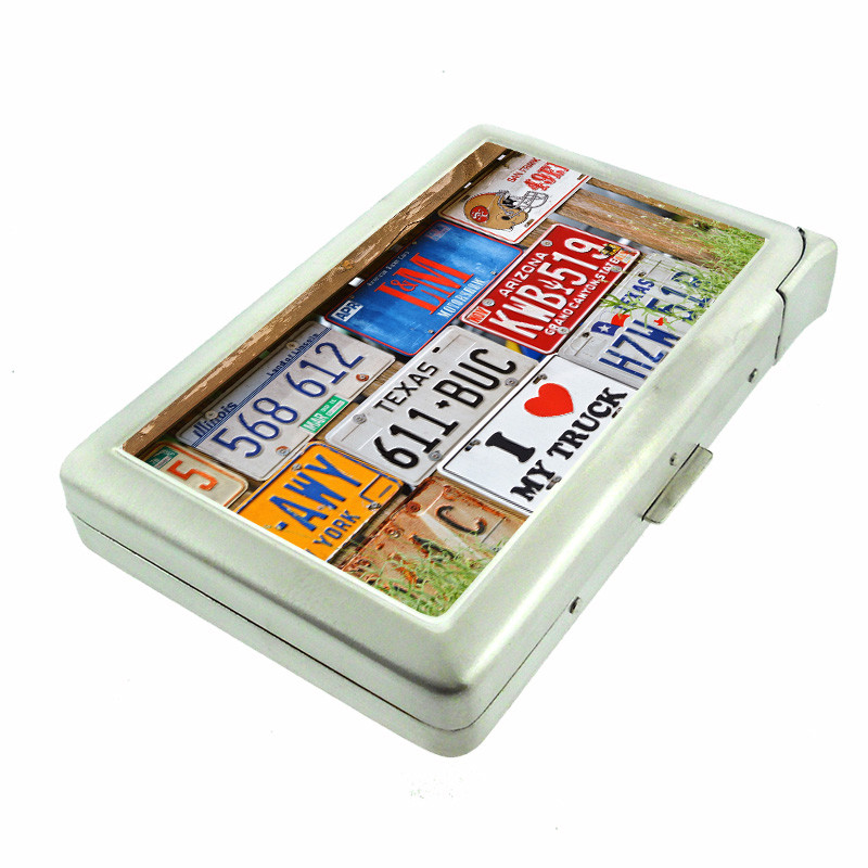 Metal Wallet Cigarette Case with Built-in Lighter & License Plate Design - EM1 Style