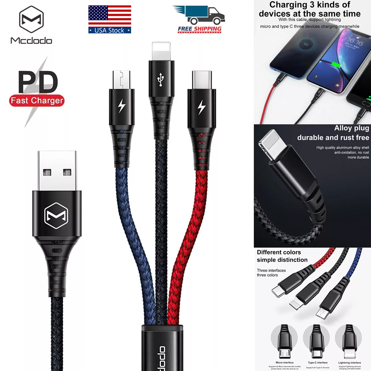aceptable poco muerte MCDODO 3 in 1 8 Pin Micro USB Type C Fast Charging Cable Cord For iPhone Samsung | eBay aceptable poco muerte MCDODO 3 in 1 8 Pin Micro USB Type C Fast Charging Cable Cord For iPhone Samsung | eBay