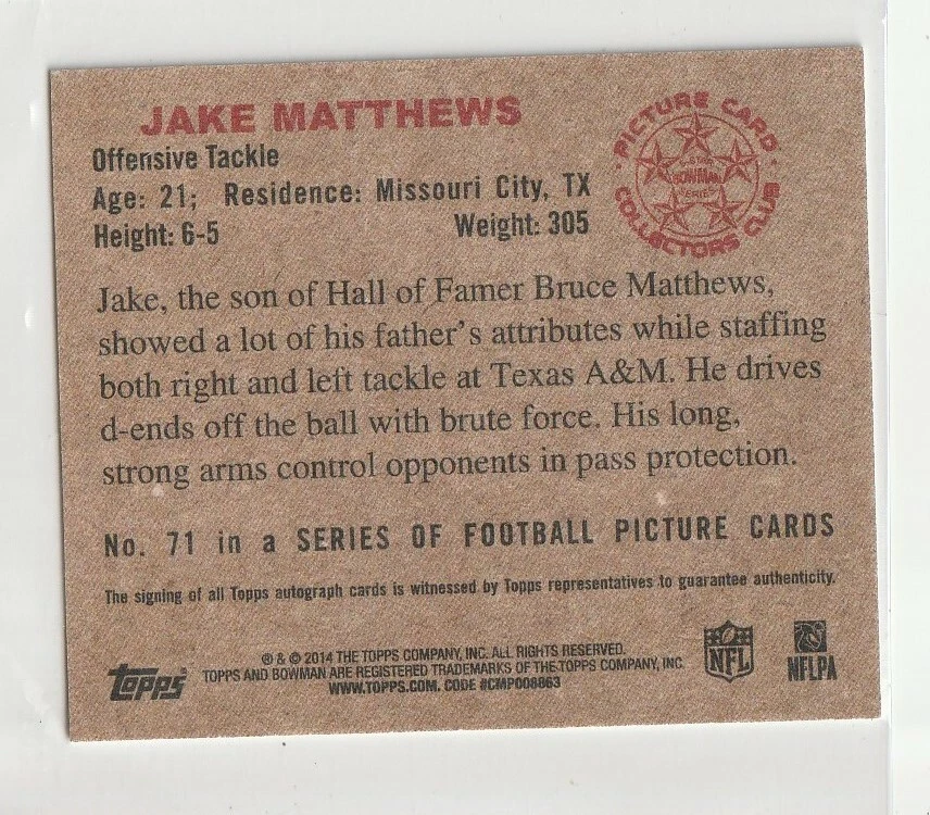 Jake Matthews 2014 Bowman 1950 Mini Rookie Autograph 47/99 - Image 2 of 2