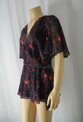 JULIE BROWN faux wrap Blouse Top Julian 8 navy blue red butterfly flutter sleeve - Picture 2 of 6
