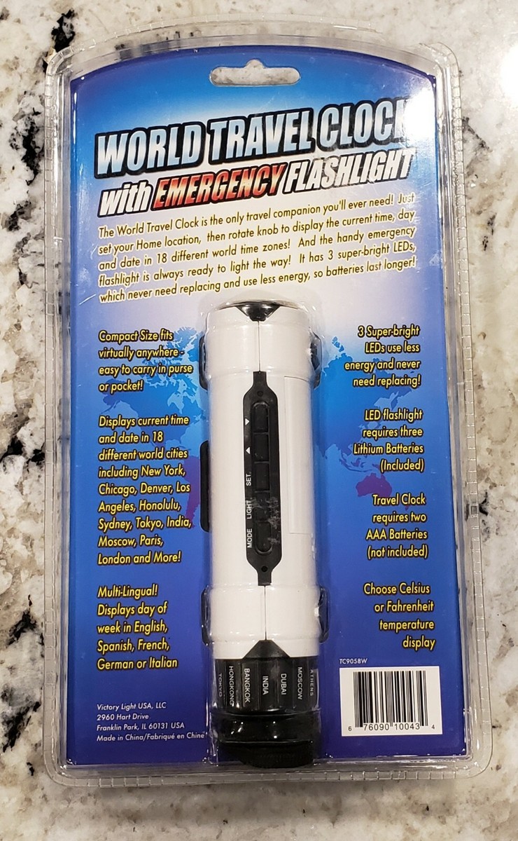 Vintage Travel Alarm Clock - LED Flashlight World Time