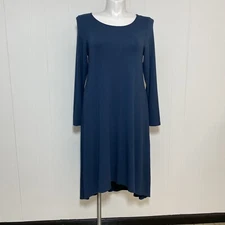 Eileen Fisher Dress Womens Large Slate Blue Jersey Knit Stretch Long Sleeve