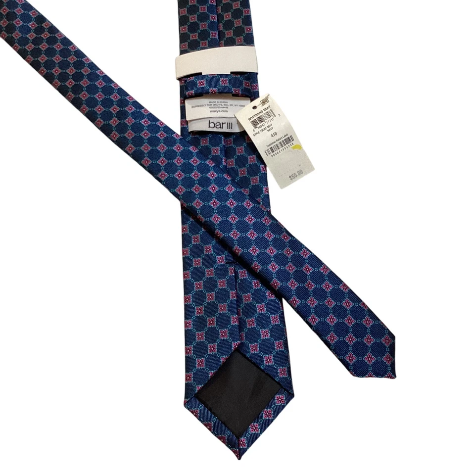 BAR III Men's Polyester Skinny Necktie Designer Geometric Blue/Pink NWT $55 - Image 3 of 3