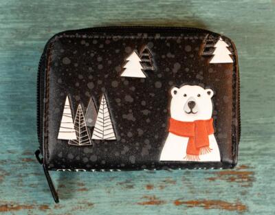 Shagwear True North Polar Bear Red Scarf Trees Small Black Zip Wallet Like New