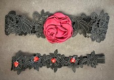 Black Lace Choker Set Red Rose Heart Gem Accents Gothic Victorian Style
