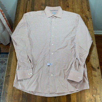 ETON Shirt Mens Large 16.5 42 Orange Micro Plaid Button Up Preppy Contemporary