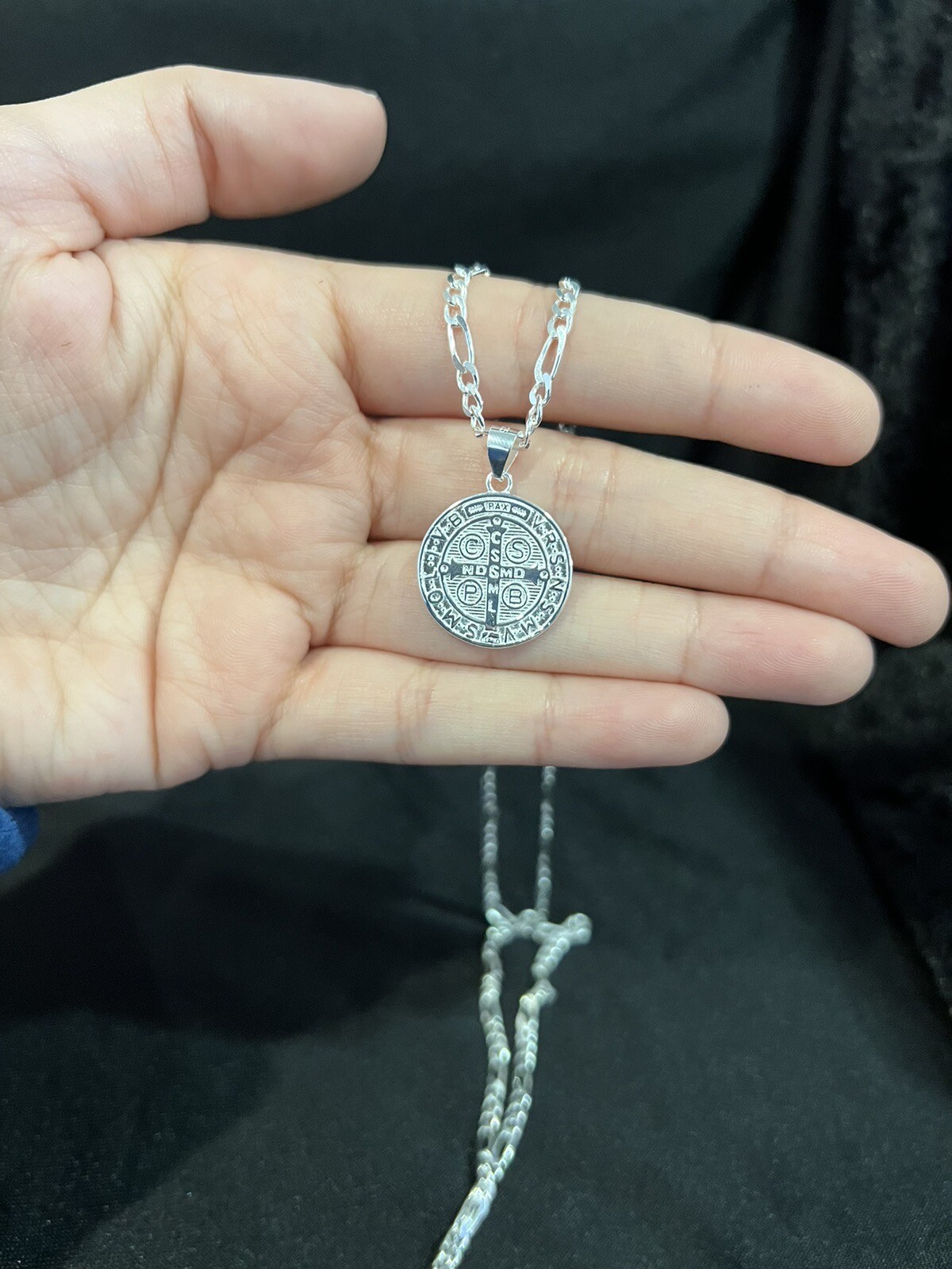 925 Sterling Silver Mens St Benedict San Benito Medal & Figaro Chain 18 ...