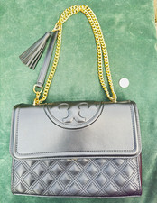Tory Burch Black Quilted Leather Marion Flap Shoulder Bag Gold Chain Tassel