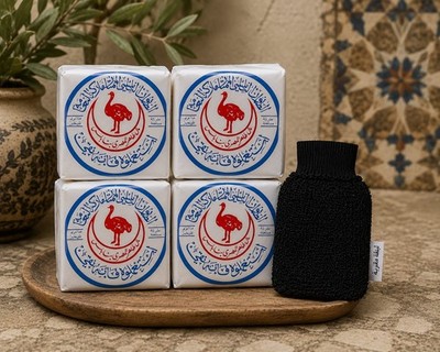 4 Nablus Olive Oil Soap Bars + Black Moroccan Exfoliating Glove Natural Set