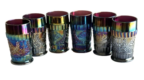 Set of 6 LG Wright Carnival Glass Juice Tumblers God and Home Iridescent Vintage