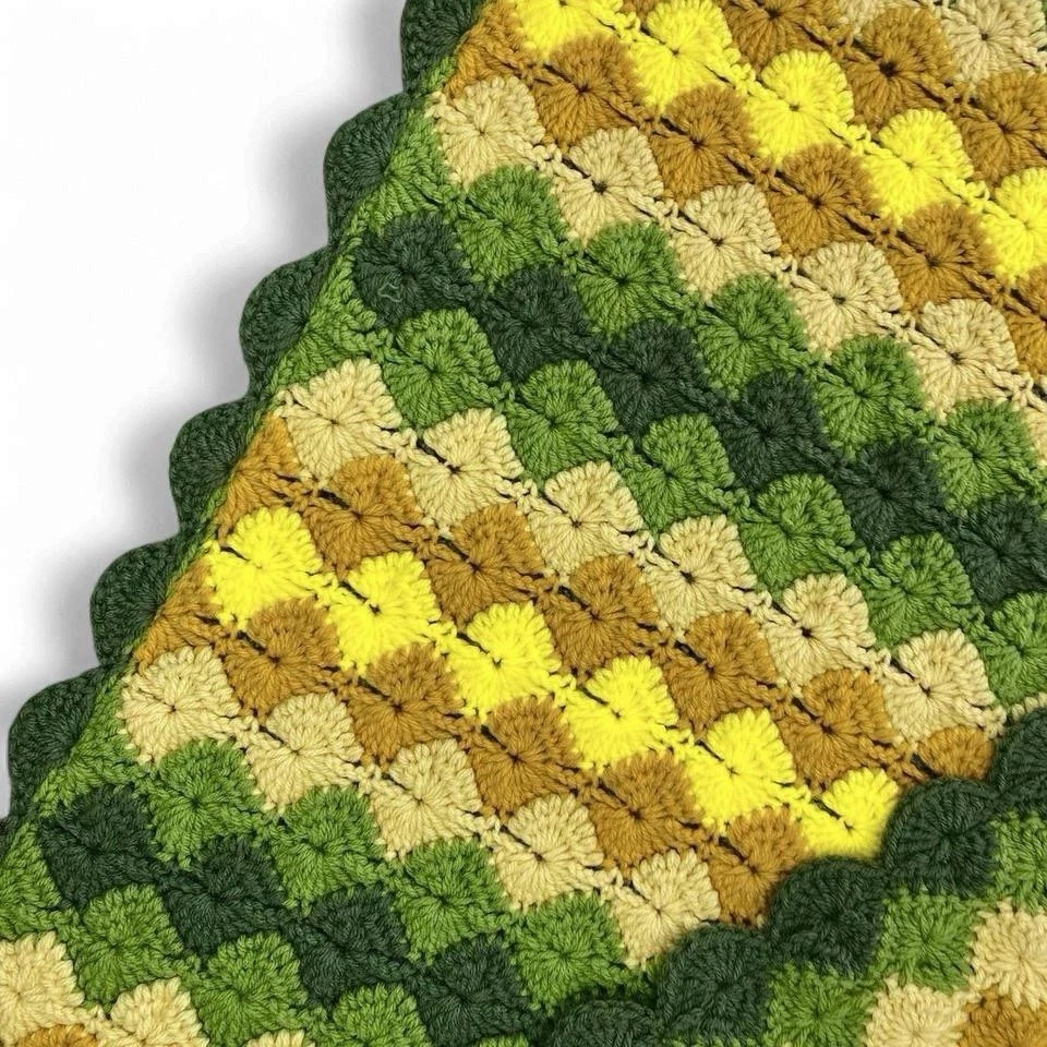 Manta afgana hippie boho vintage hecha a mano de ganchillo verde y amarillo Foto 3 de 4