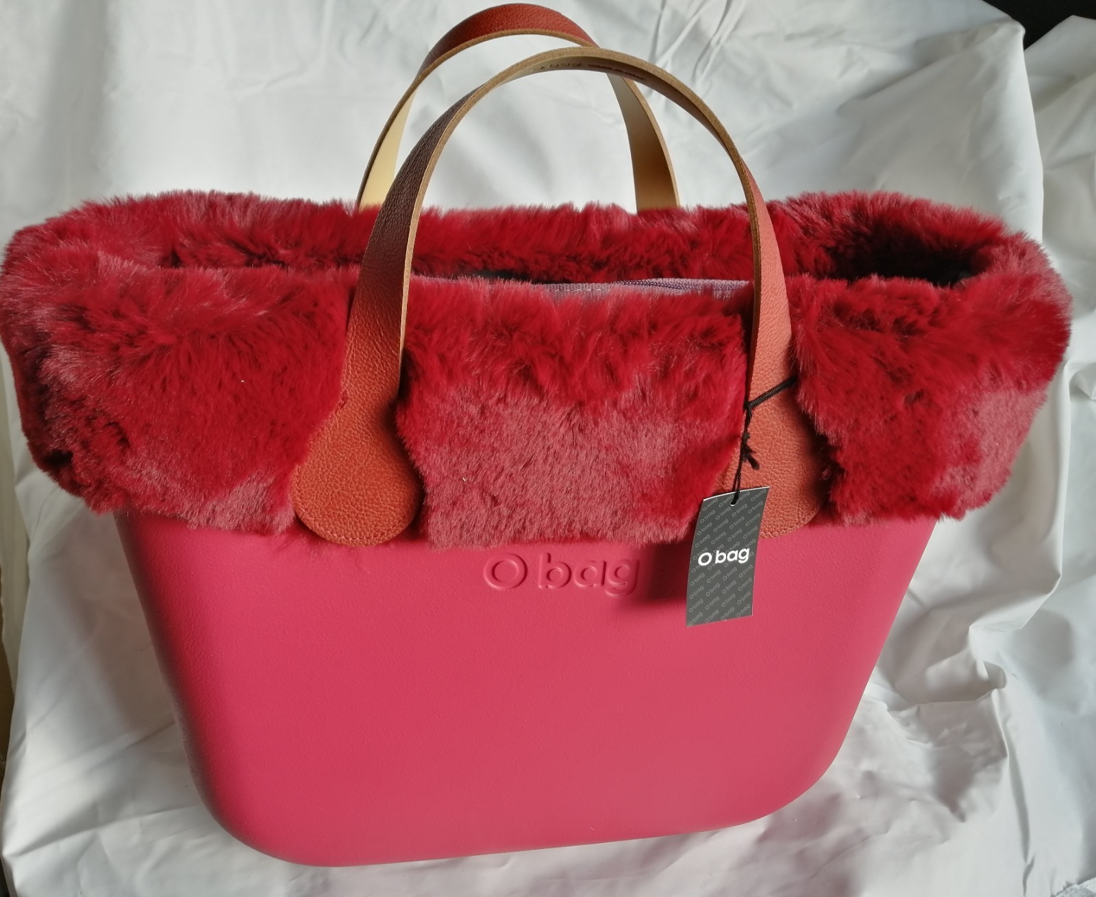 O bag Borsa Nuova Originale O bag - Col. TOMATO Int. ROSA con BORDO PELLICCIA