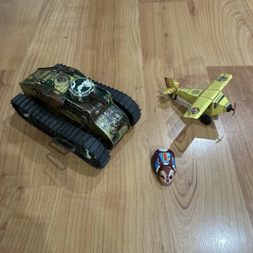 Vintage Tin Toys Set of 3 Airplane, Rabbit and Wind Up Tank