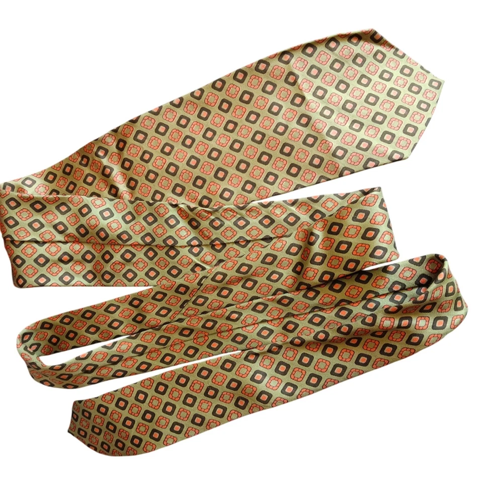 Corbata Habands Vintage Años 60 Toda Seda Marrón y Verde Patrón Geométrico 58" 3.5" W Foto 2 de 4