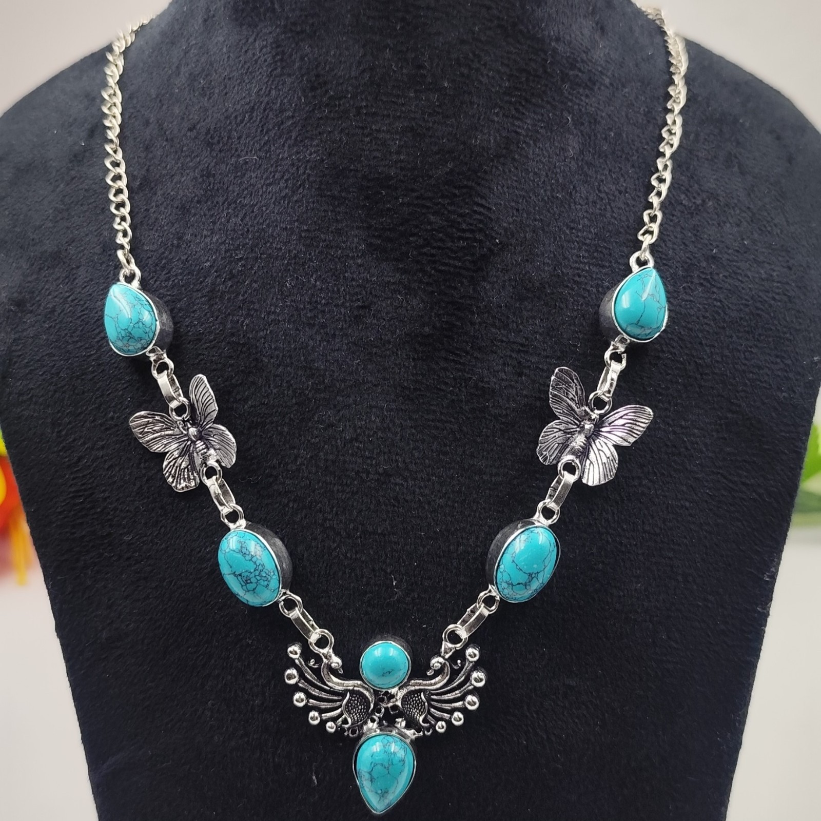 Blue Turquoise Gemstone Handmade 925 Sterling Silver Jewelry Necklace Sz-17-18