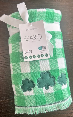 Caro Home St. Patrick’s Shamrock Clover Plaid Set of 2 Hand Towels - New