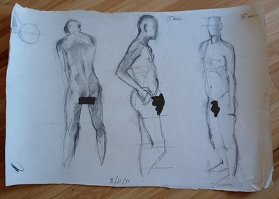 Original male Charcoal on paper live Drawing studies x3 by John Charles Thompson
