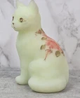 Vintage Fenton Glass Cat Figurine Pink Floral Handpainted Flowers Custard Signed