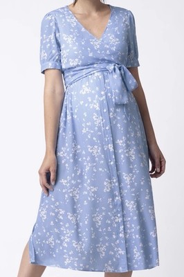 Seraphine Women s Maternity Nursing Dress Blue Floral Wrap Button Front Size 6