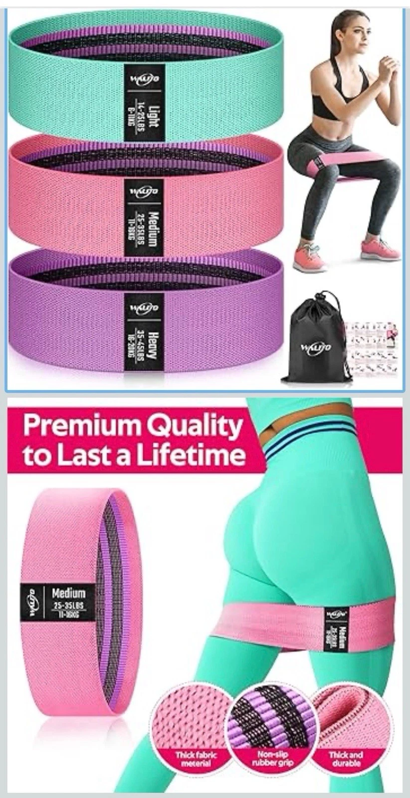 WALITO Resistance Bands for Working Out, Fabric Exercise Bands for Legs and Butt