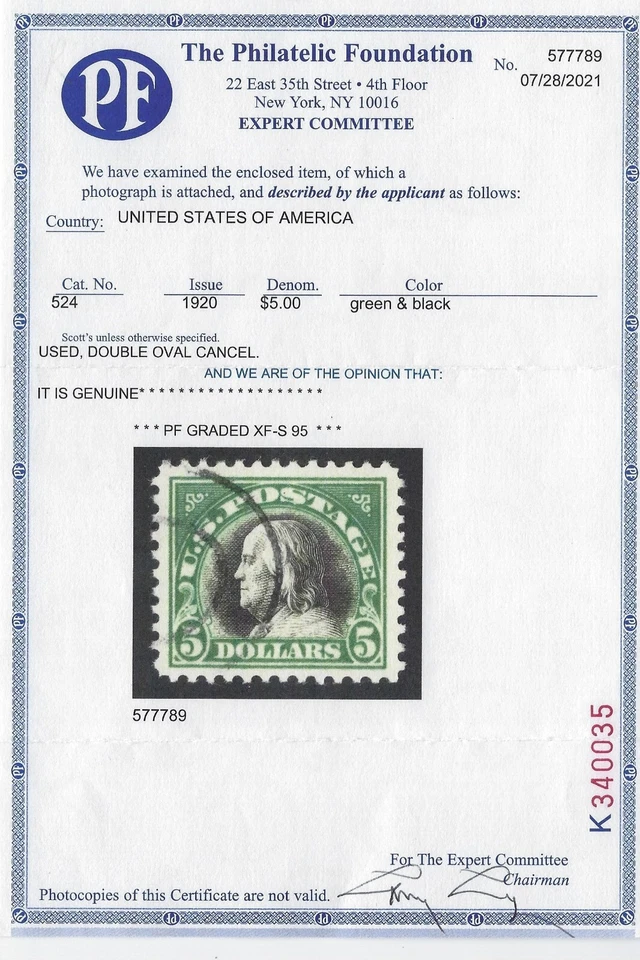 US Sc. # 524 - PF Graded XF / Superb 95 - Light Cancel SMQ $175 (P2) - Image 3 of 3