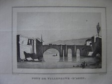 Gravure Pont des Cieutats Pont-Vieux Villeneuve-sur-Lot c1840 Dpt Lot-et-Garonne