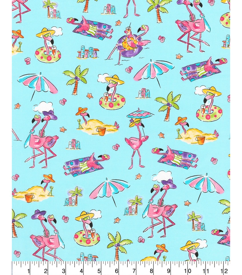 BTY FLAMINGO BEACH on Blue Print Fabric 100% Cotton Quilt Craft Fabric by YARD - Image 2 of 3