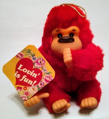 Vintage Fun World Red Monkey Thumb Sucking Plastic Face Plush Stuffed Animal 5''