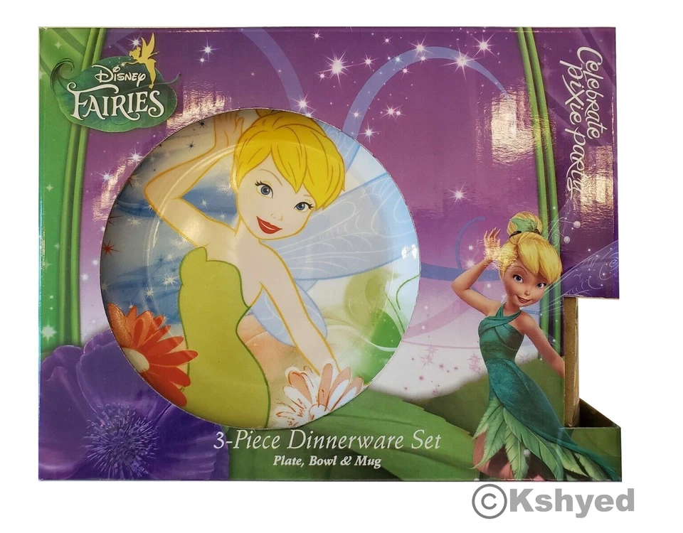 Керамический набор столовой посуды из 3 предметов Disney Pixie Fairies Tinkerbell — новый — бесплатная доставка - Изображение 2 из 4