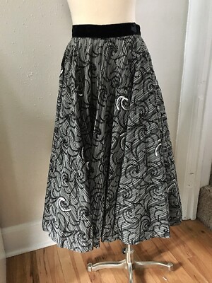Vintage 1950's Full Circle Skirt with Flocked Velvet Black Fancy