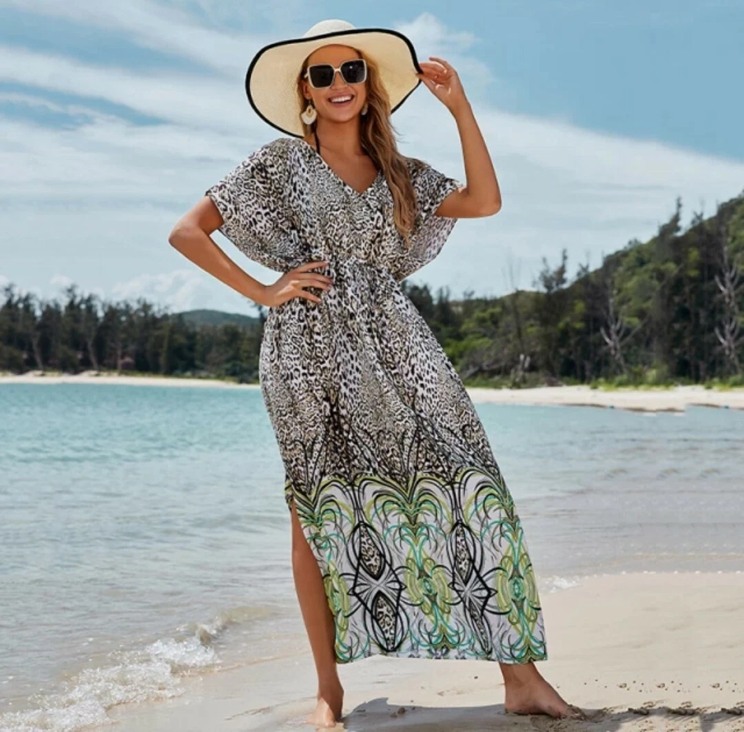 Women Kaftan Leopard Print Drawstring Waist Dress Fits All Sizes L