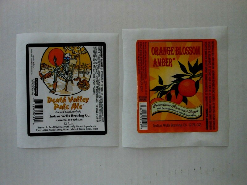 2 BEER LABELS DEATH VALLEY PALE ALE & ORANGE BLOSSOM AMBER INDIAN WELLS BREW. CO