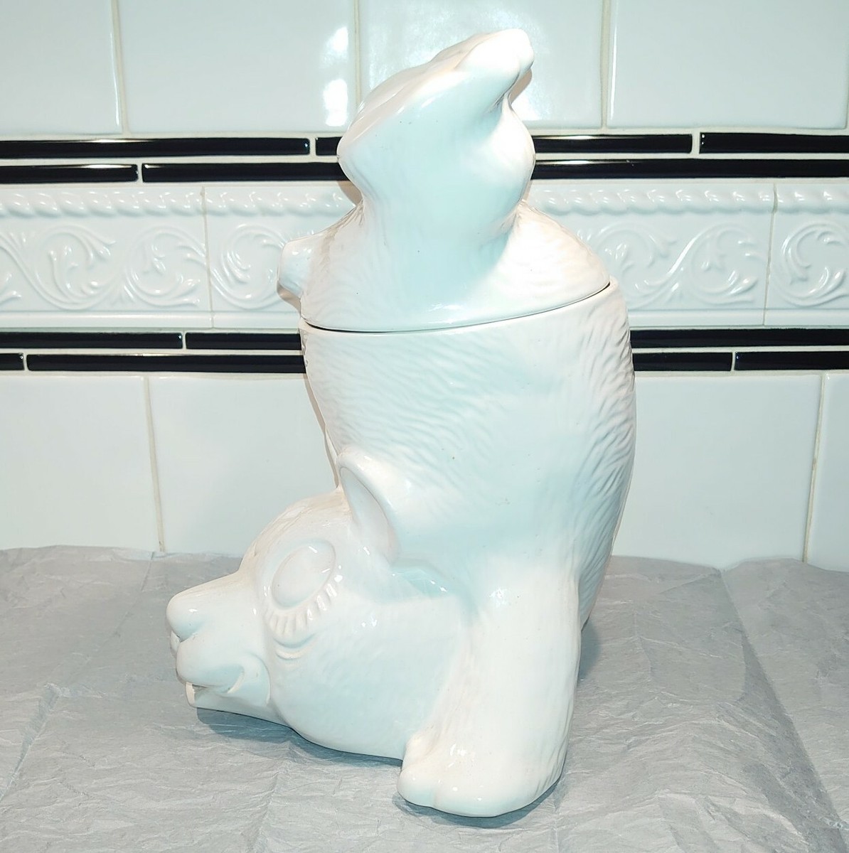 Vintage McCoy USA White Panda Bear Doing a Handstand Cookie Jar