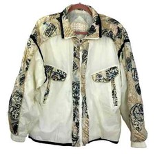 East West Windbreaker Jacket Size M Gold Black Cream Nylon Zip Front Vintage 80s
