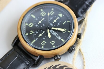 Bewell Holzuhr Herrenuhr Chronograph Datum Olivenholz 43mm Armbanduhr