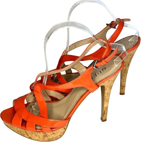 GUESS Women Boho Orange Cork Platform Heels Size 9 M Strappy Stiletto Sandals