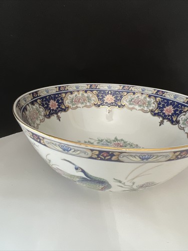 Vtg TOYO JAPAN Large 8’ Round CENTERPIECE Peacock BOWL Blue Gold Asian - Picture 6 of 24