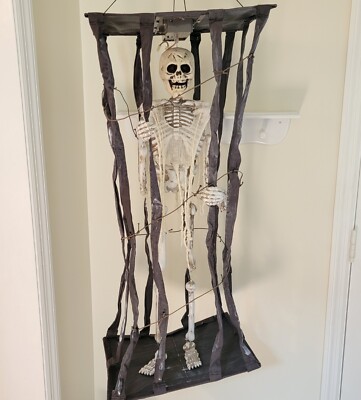 38 ~ Animated Light-Up ~Shaking~ Hanging Caged Skeleton~ w/ Spooky Sounds Prop