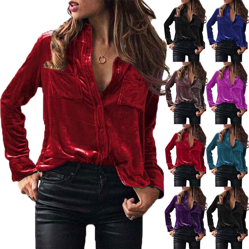 Women Elegant Velour Long Sleeve Top Button Down Shirt Pockets Blouse