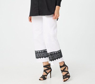 Isaac Mizrahi Live! Regular 24/7 Stretch Wide Leg Lace Trim Pants - Bright White