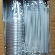 Clear Plastic To-Go Disposable Cups w/ Wrapped Clear Straws Round 11-18 oz