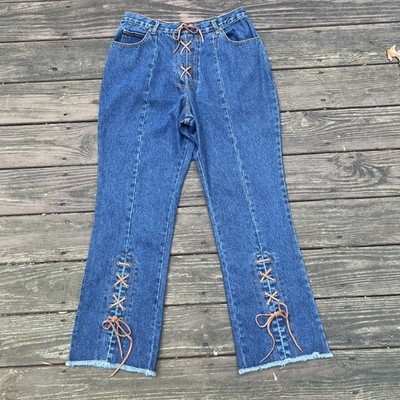 Women s Traxx Vintage Cowboy Western Laced High Rise Blue Denim Jeans, Y2K|Sz:14