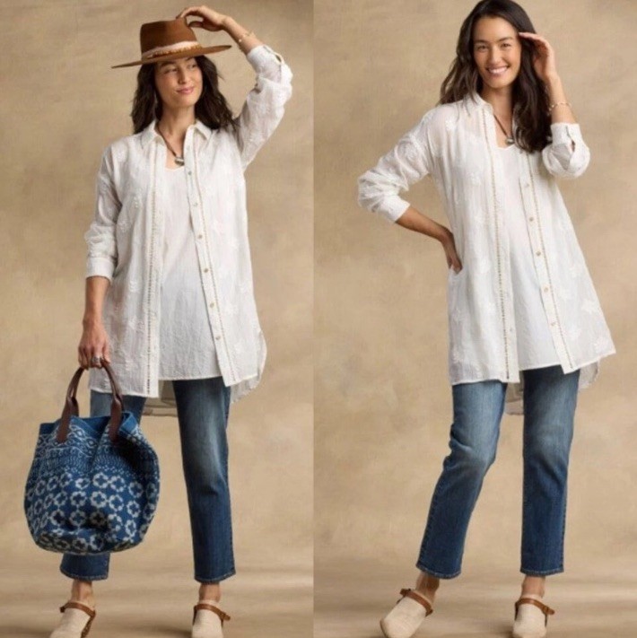NEW! SUNDANCE LIVING  CATALOG Cloverfield Embroidered TUNIC Shirt Top White PL