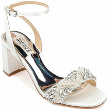 Badgley Mischka Women  s White Beaded Ankle Strap Satin Block Heel Sandal 9