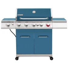 7 Burner Propane Gas Grill in Blue, Sear Burner, Rear Burner and Side Burner