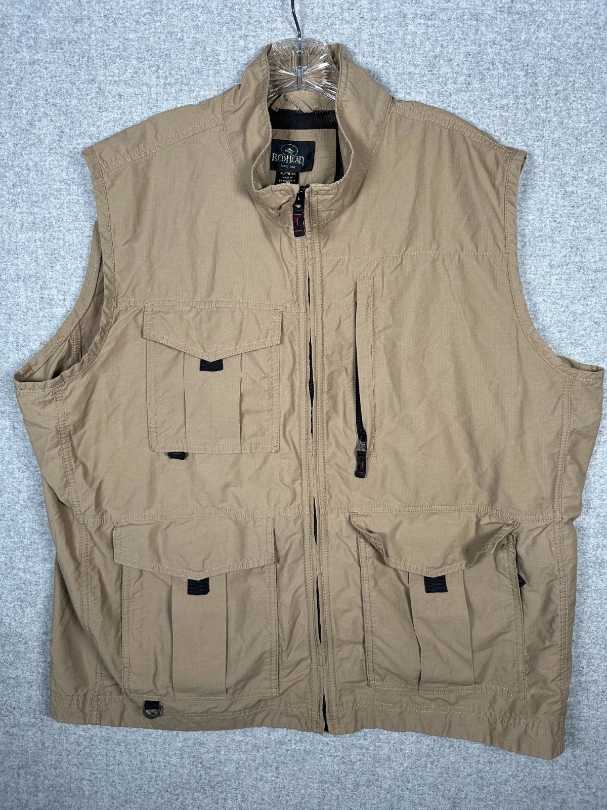 Vintage Redhead XL Mens Fishing Vest Tan Pockets Sleeveless Jacket Zip Mock Neck